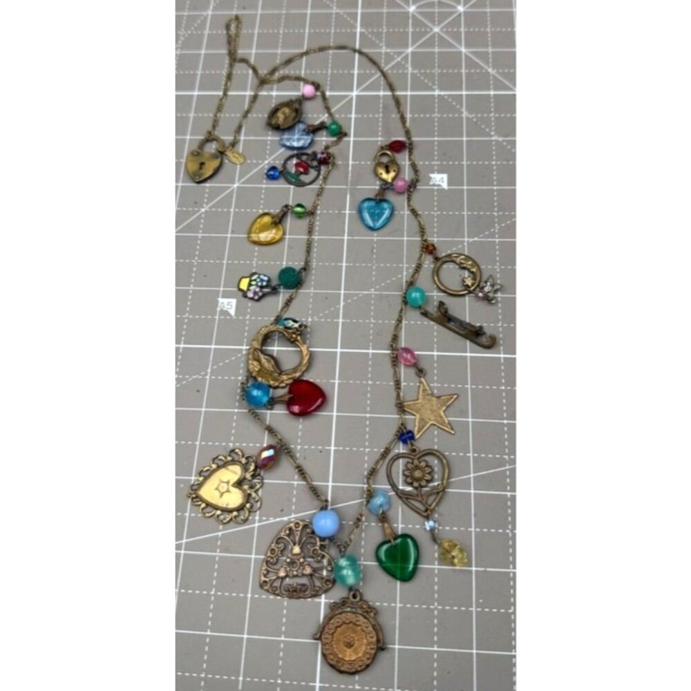 Vintage Glass Works Studio Charm Necklace Brass Glass Hearts Eagle Moon Stars Bo
